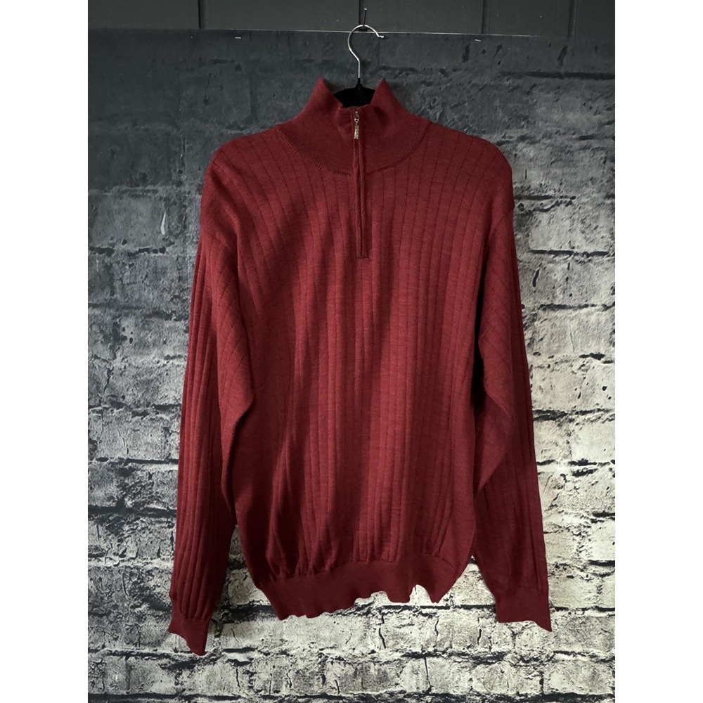 Cezani Sweater Mens Large Red 100% Merino Wool 1/4 Zip Mock Neck Italy